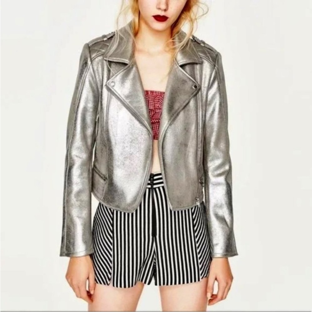 Zara Silver Metallic Cropped Chic Moto Jacket Size Medium